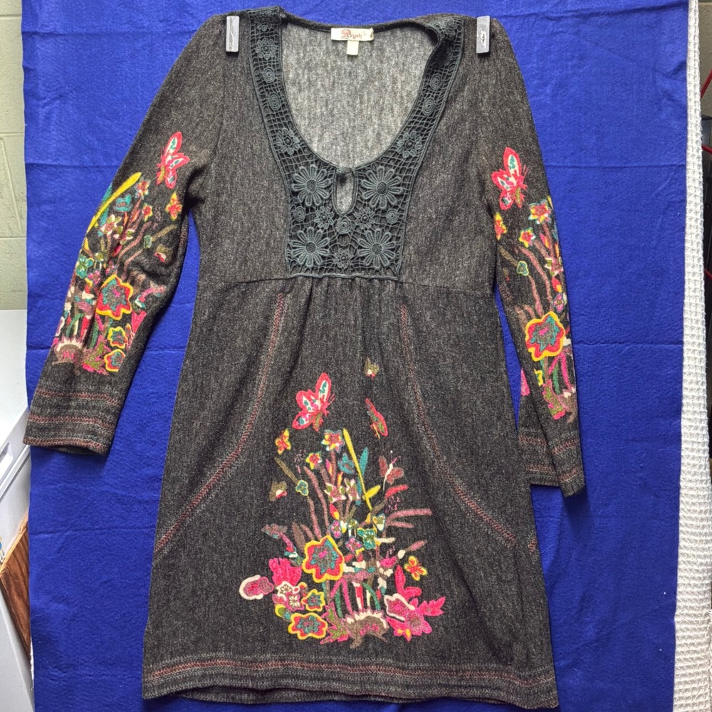 Boho Womens Aryeh Embroidered Crochet V-Neck Tunic Dress XL Charcoal Grey